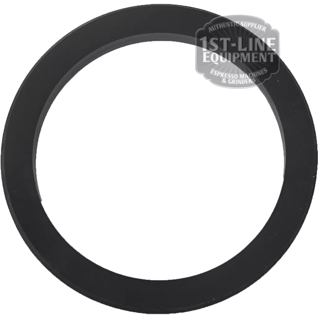 A black, circular La Cimbali 8mm HOLDER GASKET with a matte finish is displayed on a white background. The partially visible 1st-Line Equipment logo appears in the top right corner. Suitable for La Cimbali machines. © 2025 1st-line.com