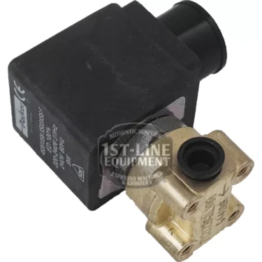 A brass and black C..276 1/8x1/8 LUCIFER or PARKER solenoid valve with cylindrical coil and two threaded ports, used for fluid flow control in espresso machines, marked with the 1st Line Equipment label. © 2025 1st-line.com