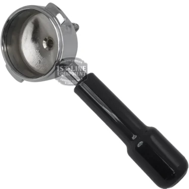 A Cimbali 1 COFFEE ALINA FILTERHOLDER espresso portafilter with a black handle, shown from an angle that highlights its empty filter basket. © 2025 1st-line.com