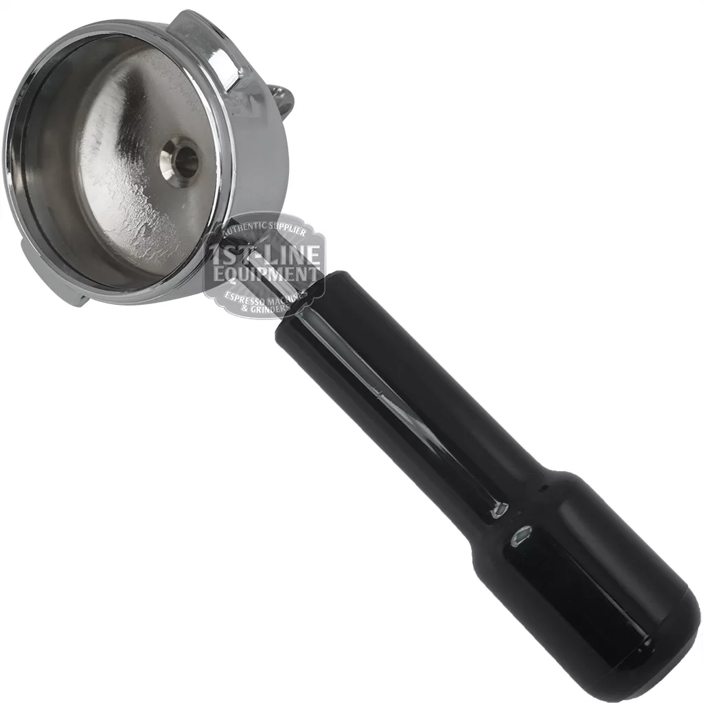 A Cimbali 1 COFFEE ALINA FILTERHOLDER espresso portafilter with a black handle, shown from an angle that highlights its empty filter basket. © 2025 1st-line.com