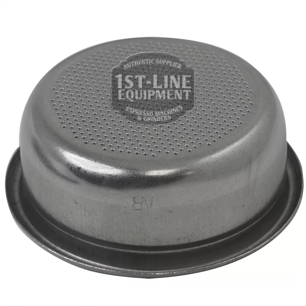 A Cimbali 14GR. HIGH 2 CUPS FILTER portafilter basket, turned upside down, displays small perforations on the bottom and features the 1st-Line Equipment logo on top. © 2025 1st-line.com