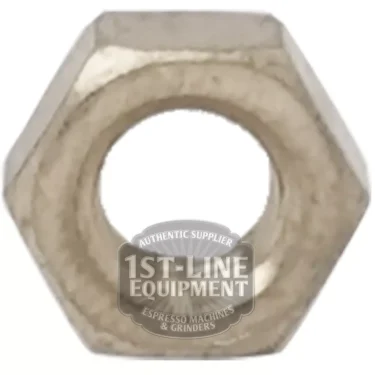 A close-up of a metal hex nut for the I..259 3 WAY SOLENOID - 230V 5W 1/8F, with the 1st-Line Equipment – Espresso Machines & Grinders logo partially overlaying the center hole. © 2025 1st-line.com