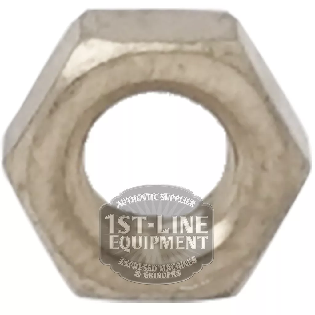 A close-up of a metal hex nut for the I..259 3 WAY SOLENOID - 230V 5W 1/8F, with the 1st-Line Equipment – Espresso Machines & Grinders logo partially overlaying the center hole. © 2025 1st-line.com
