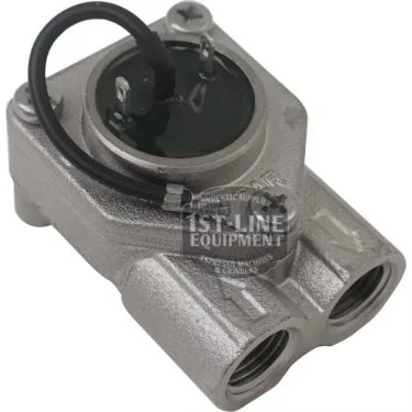 A close-up of an ASCASO V..499 1/4 2 CONNECTION FIXED WIRE FLOWMETER, featuring two outlet ports and a fixed wire, typically used in espresso machines, set against a plain white background. © 2025 1st-line.com