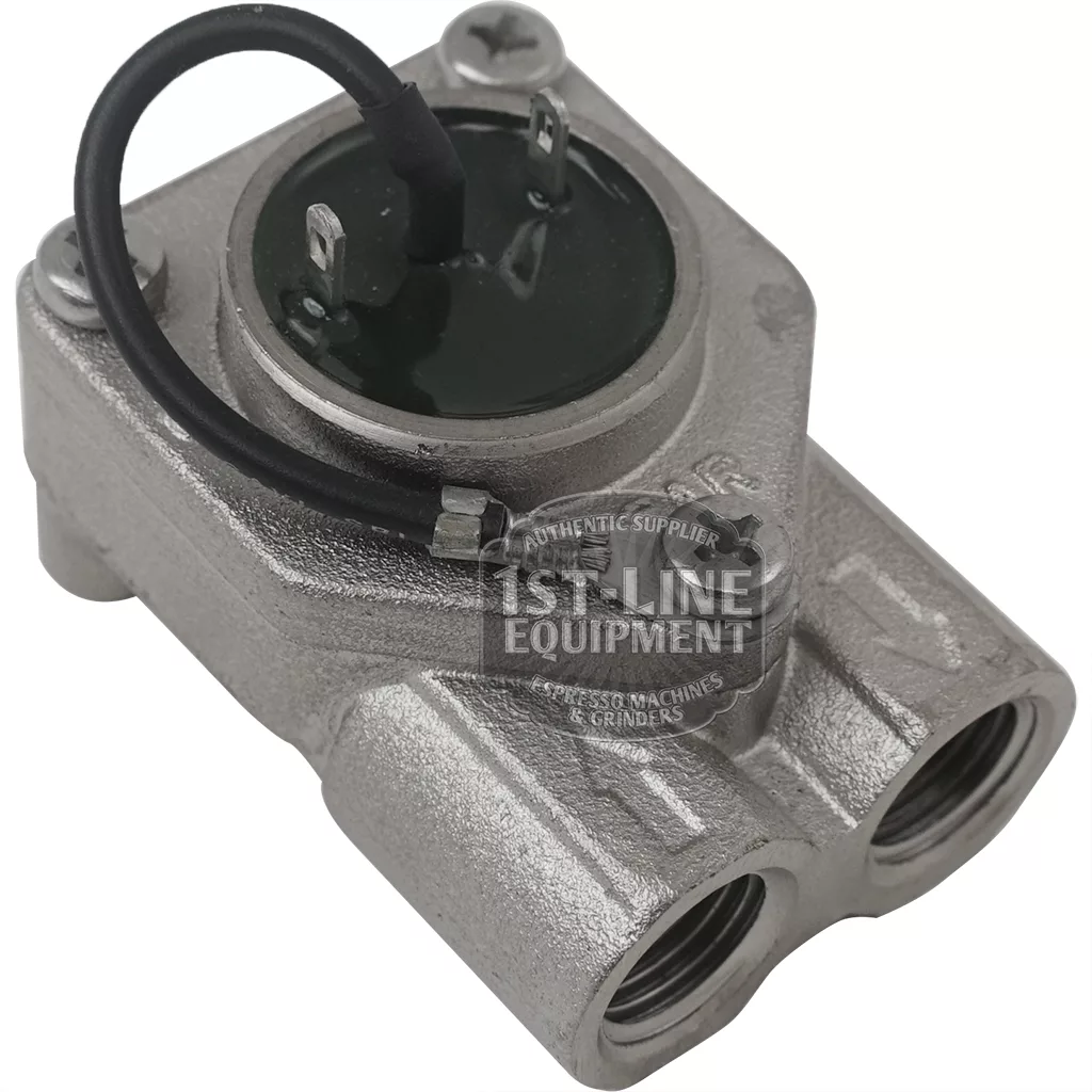 A close-up of an ASCASO V..499 1/4 2 CONNECTION FIXED WIRE FLOWMETER, featuring two outlet ports and a fixed wire, typically used in espresso machines, set against a plain white background. © 2025 1st-line.com