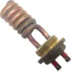 A close-up of the Bezzera 5722313TP 115V 800W Heating Element, featuring a coiled copper tube, threaded brass base, and two red-insulated electrical terminals. © 2025 1st-line.com