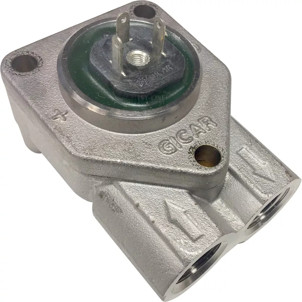 A close-up of the Elektra 06050014 Flowmeter shows its metal body labeled GICAR, two inlet/outlet ports, top electrical connectors, and flow direction arrows. © 2025 1st-line.com