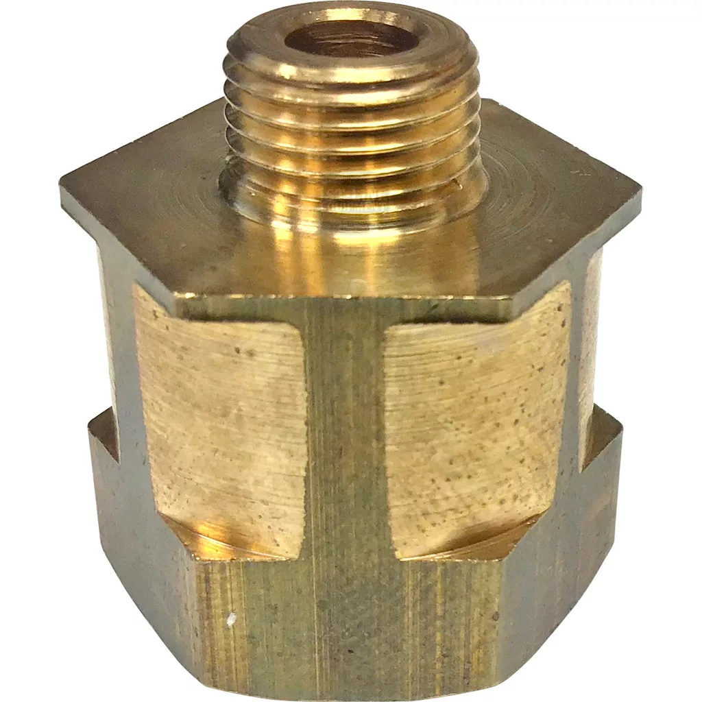 A close-up of the Lelit 2200021 Joint Anti Vacuum Valve, a brass hexagonal pipe fitting adapter with a threaded male end and larger hex base, commonly used as a joint on Lelit machines. © 2025 1st-line.com