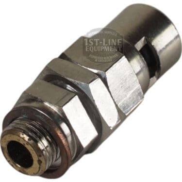 A close-up of the Olympia 04.0150.00.00 Chrome Complete Safety Valve, designed for espresso machines, highlighting its threaded ends and hexagonal center for easy wrench tightening. © 2025 1st-line.com