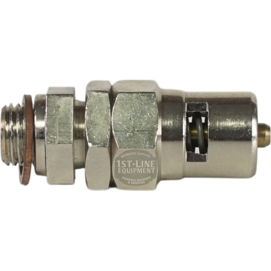 A close-up of the Olympia 04.0150.00.00 Chrome Complete Safety Valve, featuring a hexagonal middle, threaded end, and brass tip—typically used in espresso machines or plumbing equipment. © 2025 1st-line.com
