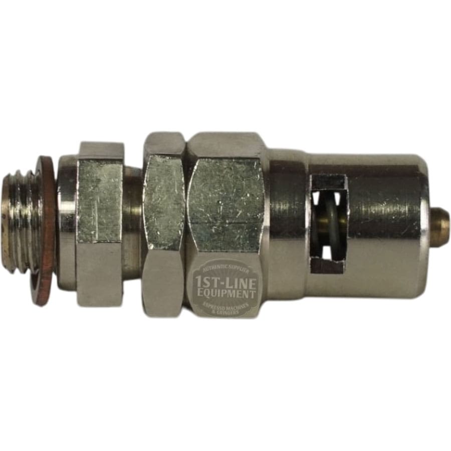 A close-up of the Olympia 04.0150.00.00 Chrome Complete Safety Valve with hexagonal fittings and a threaded end, designed for espresso machines, is shown against a plain white background. © 2025 1st-line.com