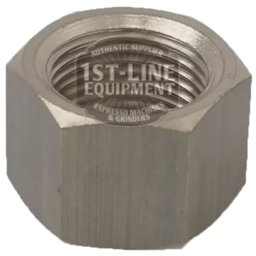 A close-up of the V..485 3/8 Nut for Hose End Fitting with internal threading, branded with 1st-Line Equipment, used for securing hose fittings. © 2025 1st-line.com