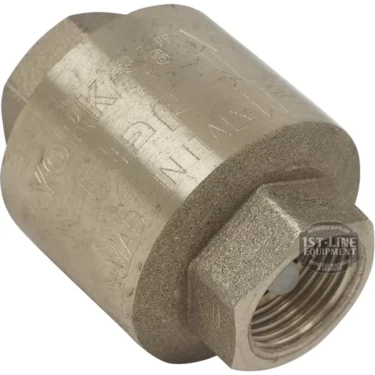 A close-up of the V..510 3/8 F x 3/8 F retention/non-return valve with engraved MADE IN ITALY text and 3/8 female threaded ends, photographed against a white background. © 2025 1st-line.com