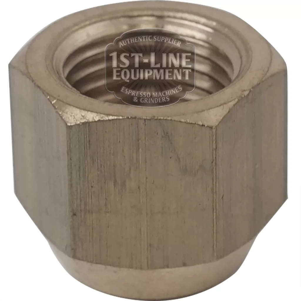 A close-up photo of a V..484 BLIND 1/4 NUT shows its hexagonal shape, visible internal threading, and brushed finish. The “1st-Line Equipment” logo is faintly overlaid on the top surface. © 2025 1st-line.com