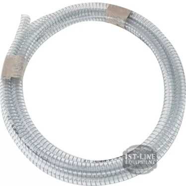 A coiled, transparent V...54 14x20 ELISPIR OUTLET PIPE with spiral reinforcement rests on a white background. Two brown paper labels hold the coil, and a circular 1st-Line Equipment watermark is in the lower right corner. © 2025 1st-line.com