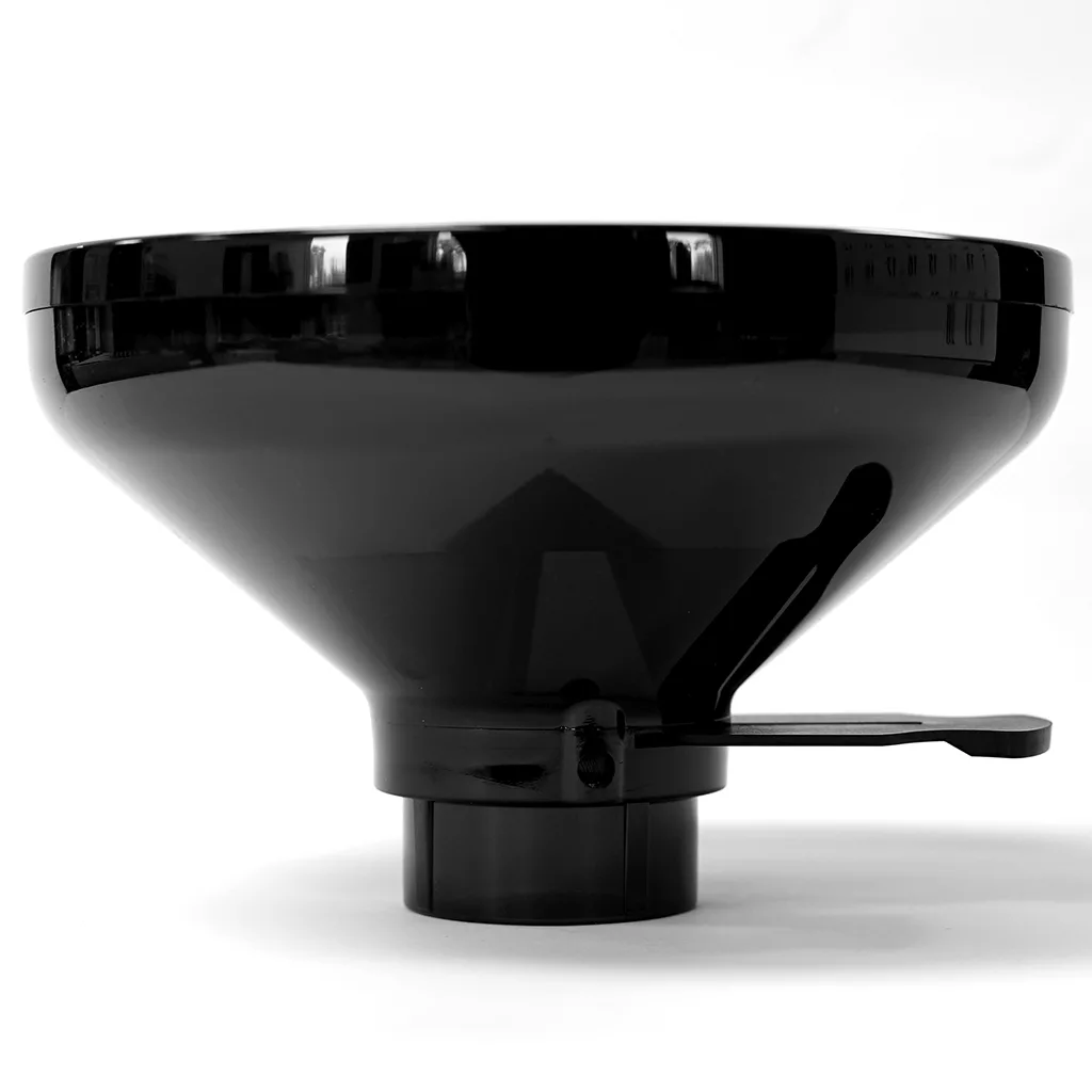 A glossy black Eureka 5215.0000KFN Tinted Short Bean Hopper Assembly, featuring a wide opening, narrow spout, and flat side handle. The product is shown on a white background. © 2025 1st-line.com