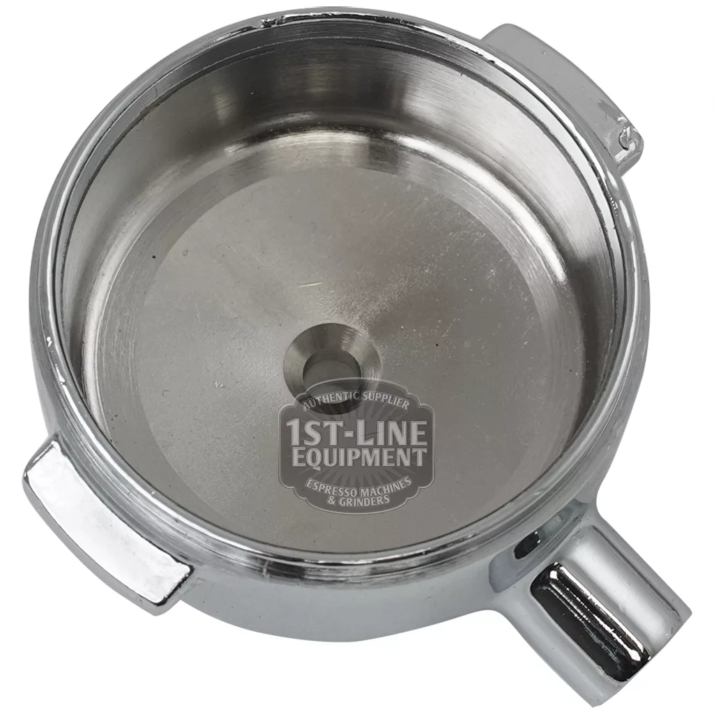A handleless, stainless steel espresso portafilter basket compatible with the Cimbali M-20/30 FILTERHOLDER BODY, featuring the 1st-Line Equipment logo in the center and viewed from above on a white background. © 2025 1st-line.com