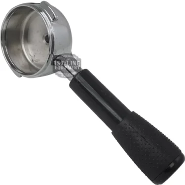 A La Cimbali 1 COFFEE FILTERHOLDER with a black textured handle is displayed on a white background. The empty, upward-facing metal portafilter basket is designed for holding one cup. © 2025 1st-line.com