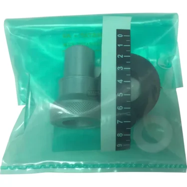 A metal valve, black rubber piece, white washer, and a small 0–10 ruler are in a translucent teal bag—likely all components of the Eureka 2580.1900KIT Grinding Adjustment Knob Assembly. © 2025 1st-line.com
