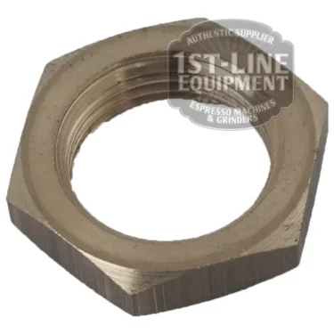 A metallic hexagonal BF..13 3/8 NUT with internal threading is shown at an angle on a white background, featuring a 1st-Line Equipment, Authentic Supplier, Espresso Machines & Grinders watermark. © 2025 1st-line.com
