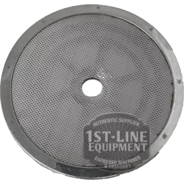 A round metal mesh SHOWER screen with a central hole and solid rim, labeled C..255 M-30 SHOWER in the bottom right to indicate its a 1st-Line Equipment part for espresso machines or grinders. © 2025 1st-line.com