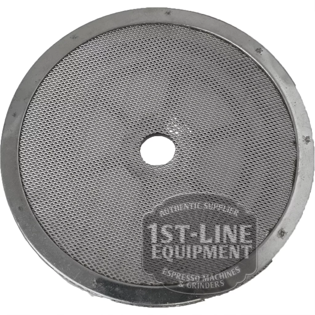 A round metal mesh SHOWER screen with a central hole and solid rim, labeled C..255 M-30 SHOWER in the bottom right to indicate its a 1st-Line Equipment part for espresso machines or grinders. © 2025 1st-line.com