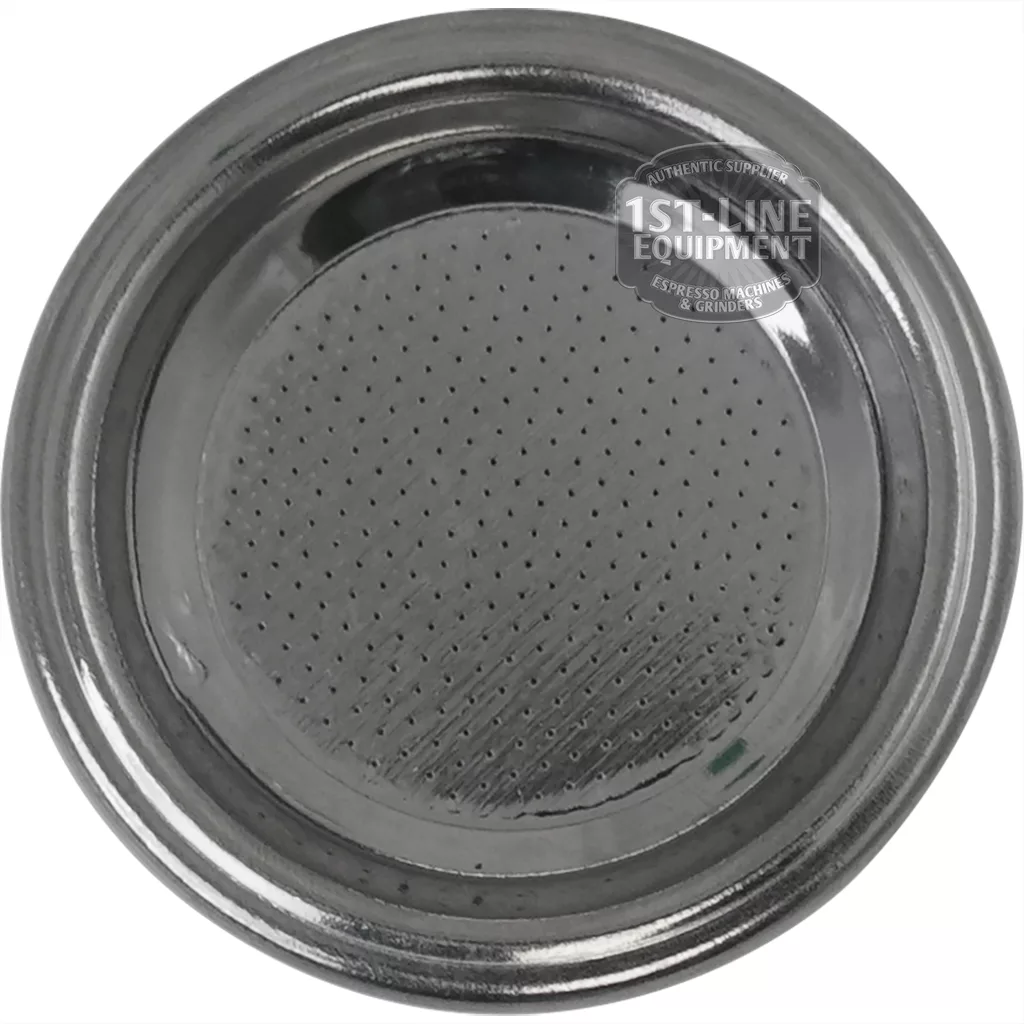 A shiny metal filter basket with a raised rim and central grid of tiny holes, designed for use with the ASCASO I...23 SHOWER SCREEN, shown from above. © 2025 1st-line.com