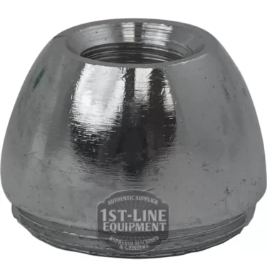 A shiny, silver, dome-shaped metal nut with internal threading, ideal for C..431 WATER OUTLET connections, and the 1st-Line Equipment logo reflected on its surface. © 2025 1st-line.com