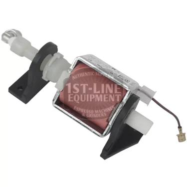A solenoid valve with a red coil, metal casing, white connectors, black brackets, and brown wire, designed for espresso machines and grinders using the ACS MIN1023 110V Vibration Pump. © 2025 1st-line.com