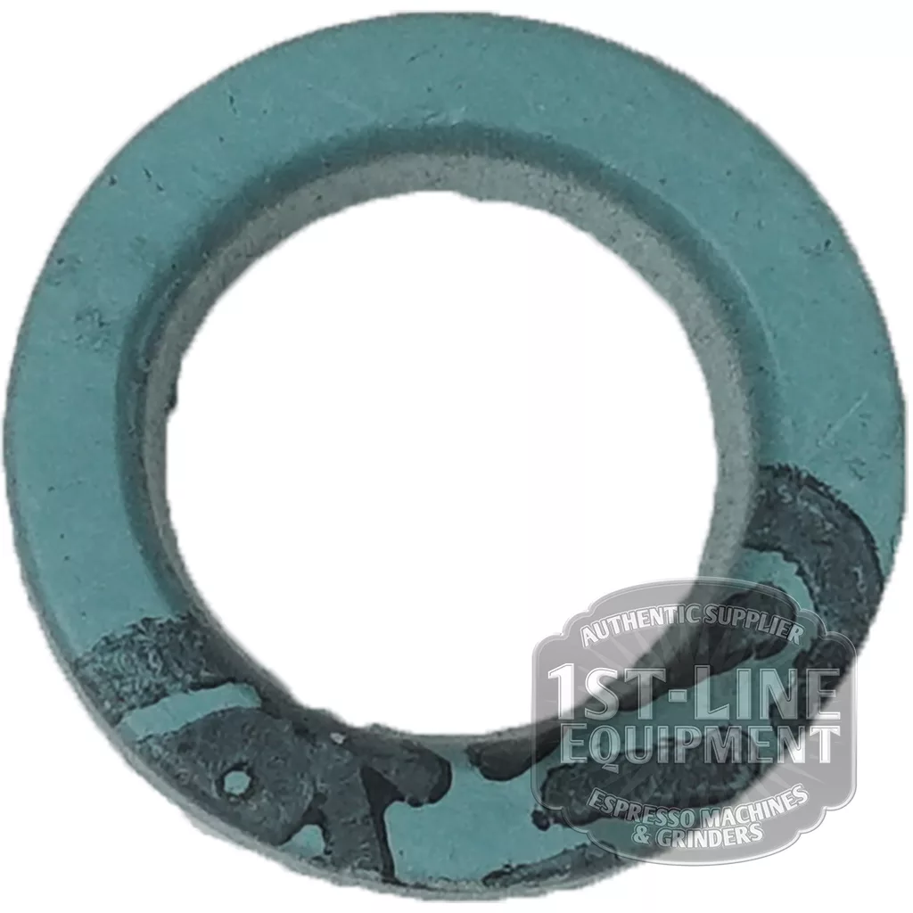 A teal metal C..258 ALIMENTARY GASKET washer with a rough texture and black markings is shown from above. The circular washer has a large central hole and a translucent 1st-Line Equipment watermark in the bottom right. © 2025 1st-line.com