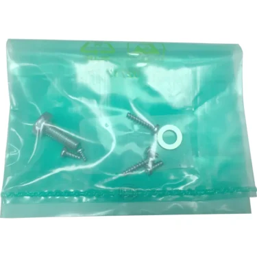 A transparent green plastic bag containing metal screws and a washer is displayed on a white background. This is the Eureka 2560.0200KIT Doser Screw Kit. © 2025 1st-line.com