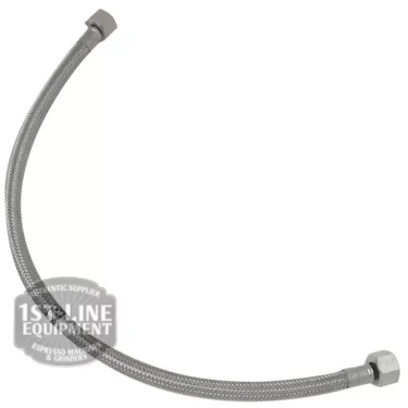 A V..450 1/2M Stainless Steel Flexible Hose with hexagonal fittings is displayed in an arc on a white background. A circular 1st-Line Equipment logo watermark is visible in the lower left corner. © 2025 1st-line.com