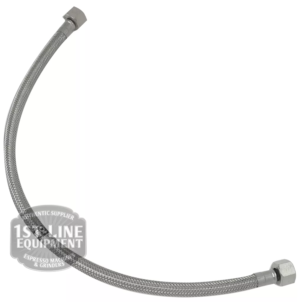 A V..450 1/2M Stainless Steel Flexible Hose with hexagonal fittings is displayed in an arc on a white background. A circular 1st-Line Equipment logo watermark is visible in the lower left corner. © 2025 1st-line.com