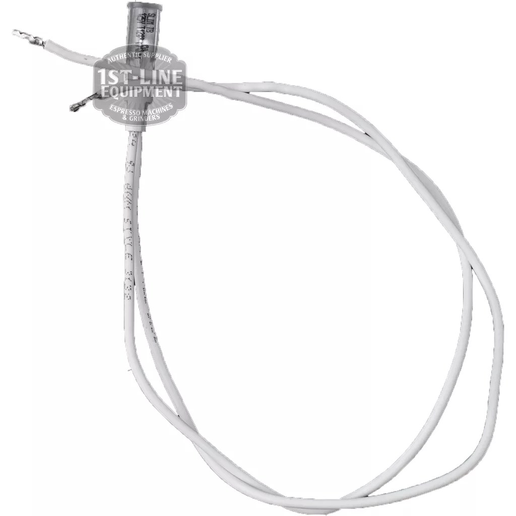 A white temperature probe sensor with two coiled white wires and a metal tip, compatible with ASCASO I.4027 FRONT LIGHT ASSEMBLY FOR DREAM/STEEL PID 2019 - 110V, displayed on a plain white background. © 2025 1st-line.com