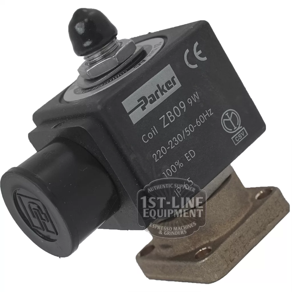Black C..168 220V LUCIFER or PARKER SOLENOID valve coil with metal mounting base, CE marked, shown angled on a white background. © 2025 1st-line.com
