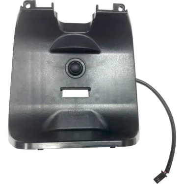 Black rectangular plastic auto part for Eureka 4122580.5000 Lower Front Fork Panel; has a central round button, rectangular slot below, two top mounting holes, and right-side cable with connector. © 2025 1st-line.com