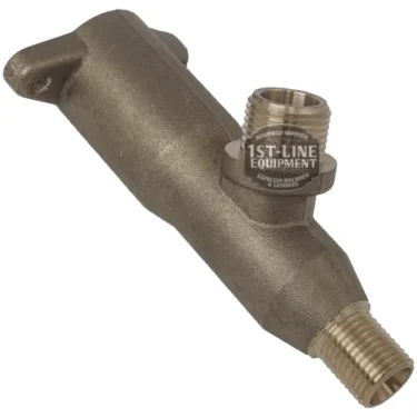 C..199 STEAM/WATER TAP BODY for espresso machine, brass construction with two threaded pipe fittings at each end and a vertical fitting on top. Labeled 1st-Line Equipment. © 2025 1st-line.com