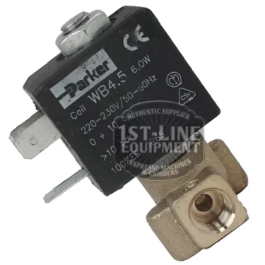 Close-up of a PARKER C..100 2 Ways solenoid valve, 1/8x1/8, 4.5W, with black coil and visible connection terminals on a brass body, angled against a white background. © 2025 1st-line.com