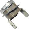 Close-up of a Saeco 189.427.500a 156° C Safety Thermostat switch with a round top and two flat silver mounting brackets, used for temperature control in appliances. © 2025 1st-line.com