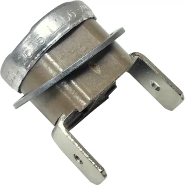 Close-up of a Saeco 189.427.500a 156° C Safety Thermostat switch with a round top and two flat silver mounting brackets, used for temperature control in appliances. © 2025 1st-line.com