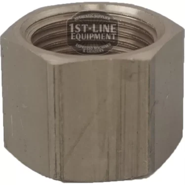 Close-up of a V..489 3/8 nut for 10mm bicone, showing internal threading. The top features faint markings of 1st-Line Equipment, Espresso Machines & Grinders, and V..489. © 2025 1st-line.com