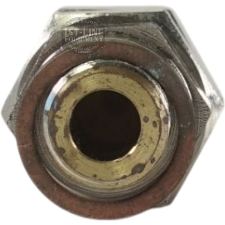 Close-up of an Olympia 04.0150.00.00 Chrome Complete Safety Valve, with a metal hexagonal nut, circular brass center, and hollow opening, displaying minor wear and discoloration around the edges. © 2025 1st-line.com