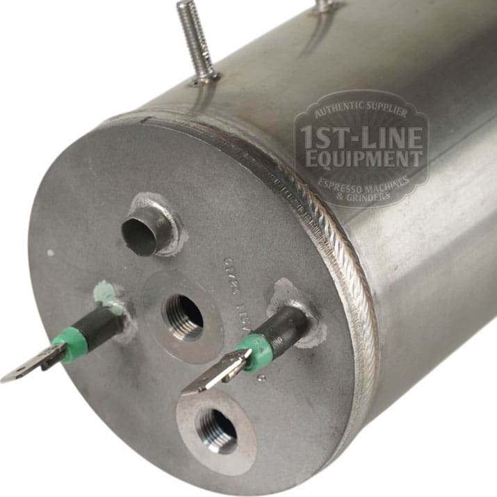 Close-up of the ACS MIN1008 110V Coffee Boiler showing its cylindrical stainless steel body, threaded pipe fittings, connection ports, and two green-tipped heating element terminals on the end plate. © 2025 1st-line.com