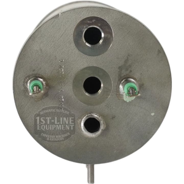 Close-up of the ACS MIN1008 110V Coffee Boiler with Heating Element, showing three circular holes, two green electrical connectors, a bottom screw, and a visible 1st-Line Equipment logo watermark on the metal surface. © 2025 1st-line.com