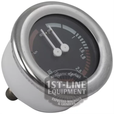 Close-up of the C..115 DOUBLE SCALE PRESSURE GAUGE, featuring a round black face, white numbers, two indicator needles, and a metal rim. The 1st-Line Equipment logo partially covers the lower portion of the gauge. © 2025 1st-line.com