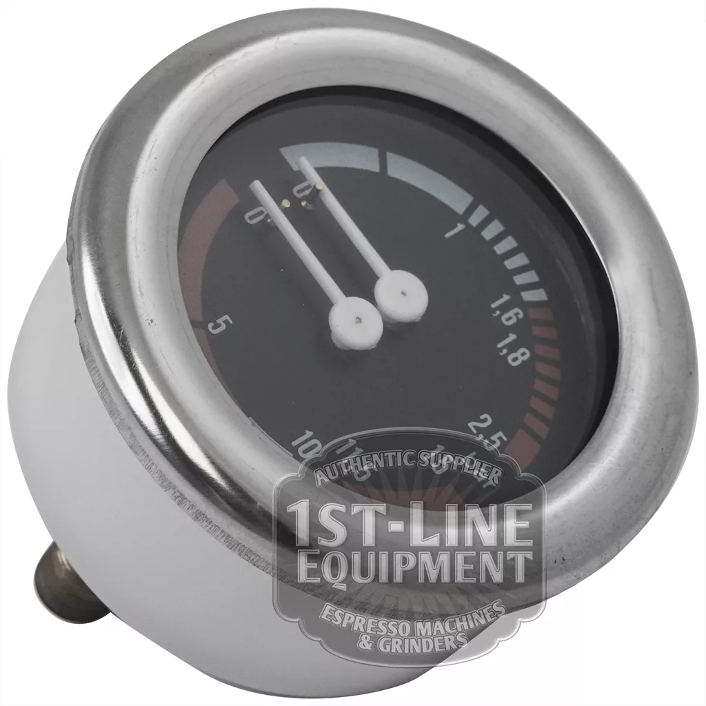Close-up of the C..115 DOUBLE SCALE PRESSURE GAUGE, featuring a round black face, white numbers, two indicator needles, and a metal rim. The 1st-Line Equipment logo partially covers the lower portion of the gauge. © 2025 1st-line.com