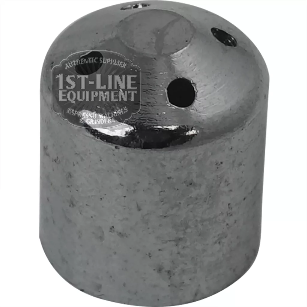 Close-up of the C..428 1/8 STEAM SPOUT TIP, a small cylindrical metallic piece with a rounded top and three holes. The reflective surface features the 1st-Line Equipment logo on its side. © 2025 1st-line.com