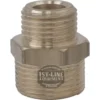 Close-up of the V..317 1/2MX3/4M FITTING, a brass adapter with male threads on both ends and a hexagonal middle for wrench tightening. Perfect for connecting pipes or equipment. © 2025 1st-line.com