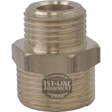 Close-up of the V..317 1/2MX3/4M FITTING, a brass adapter with male threads on both ends and a hexagonal middle for wrench tightening. Perfect for connecting pipes or equipment. © 2025 1st-line.com