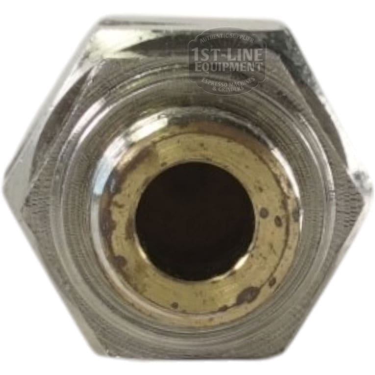Close-up view of a hexagonal metal fitting with detailed threading and a central opening, resembling the Olympia 04.0150.00.00 Chrome Complete Safety Valve. © 2025 1st-line.com